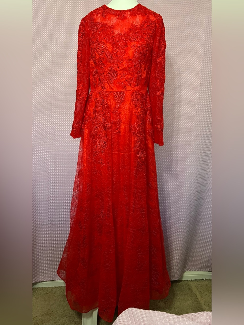Red Embroidered Long-Sleeve Maxi Dress